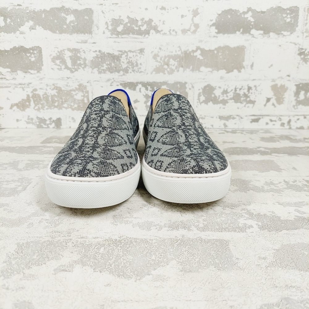 Rothy's Gray Patterned Slip-On Sneakers with Tan Collar and Blue Trim - Picture 4 of 9